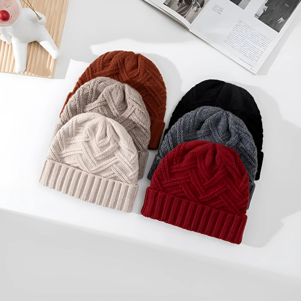 Women's wool knitted dome crown hat with totem pattern in seasonal colours
