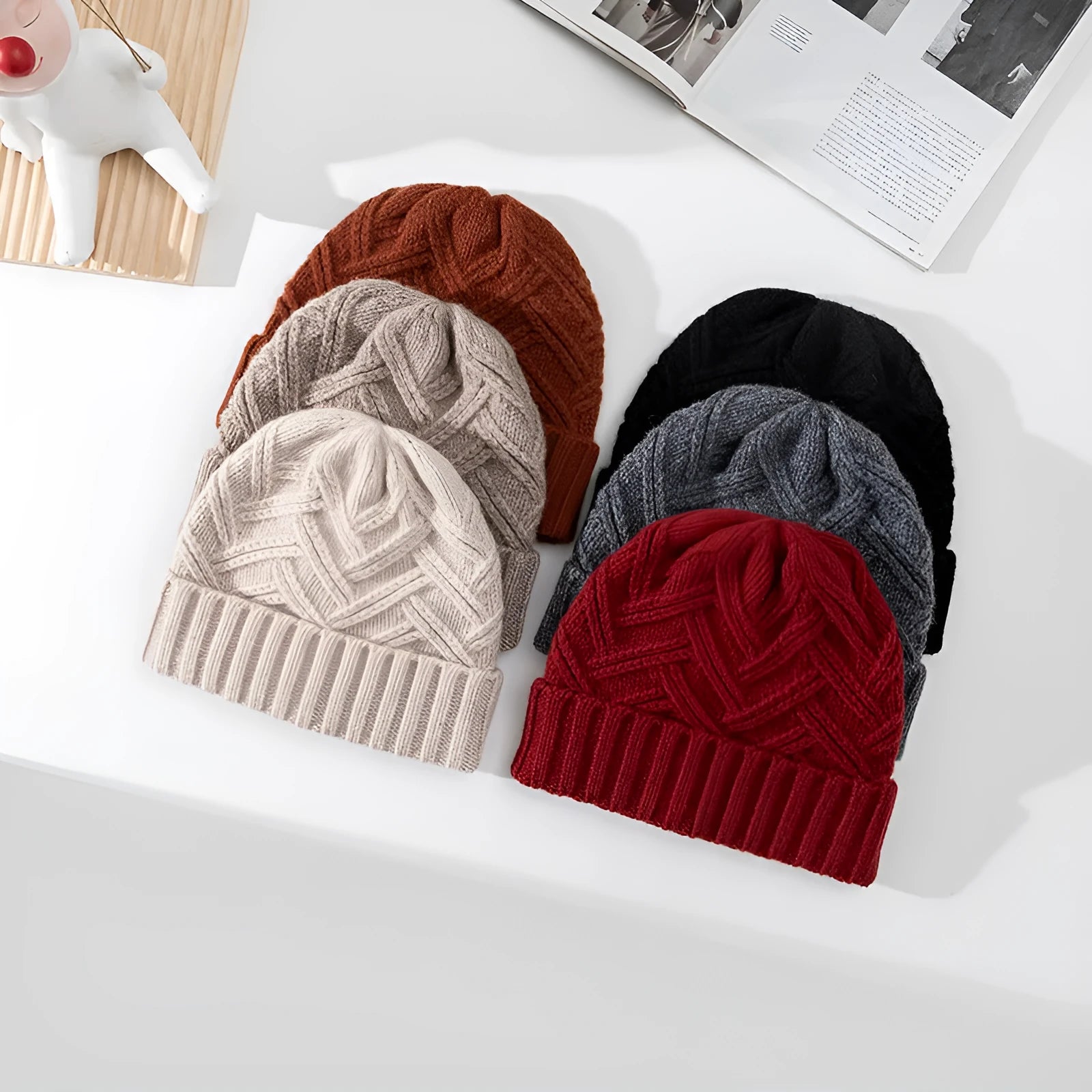Women's wool knitted dome crown hat with totem pattern in seasonal colours