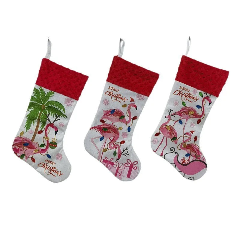 Flamingo Christmas stocking decoration measuring 46cm by 28cm in cloth material