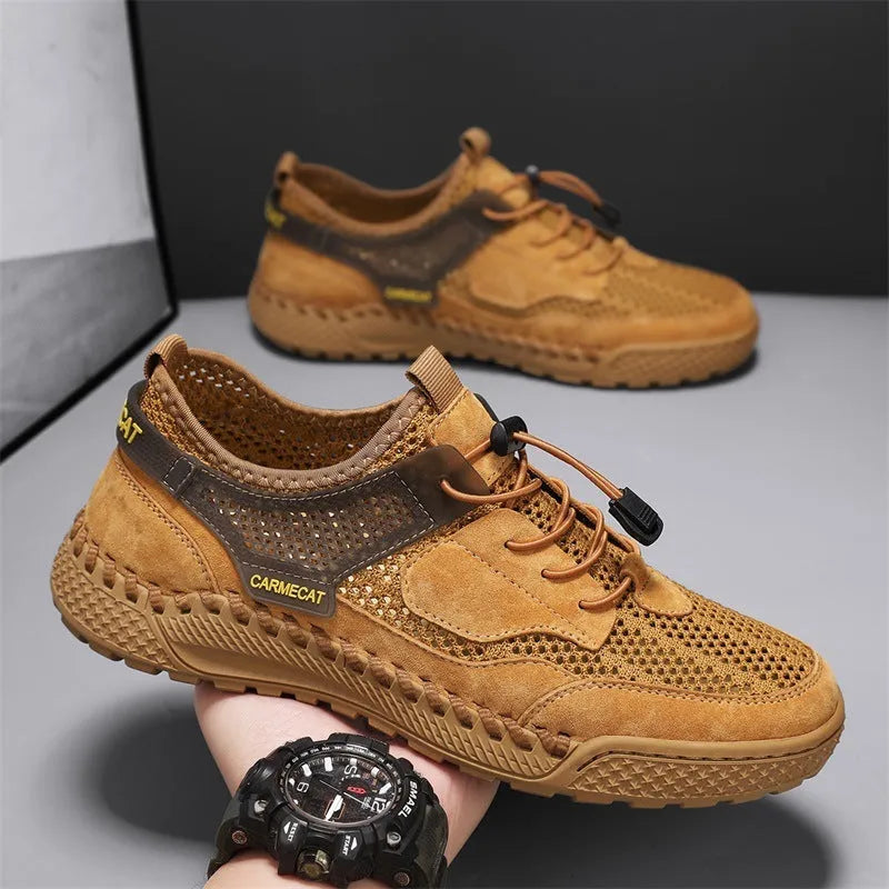 Men's suede low top walking shoes with hand-stitched rubber sole and elastic band in brown color