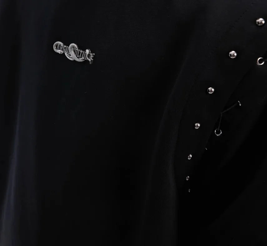 Black short sleeve cotton blend T-shirt with a lace-up cutout design detail on the front.