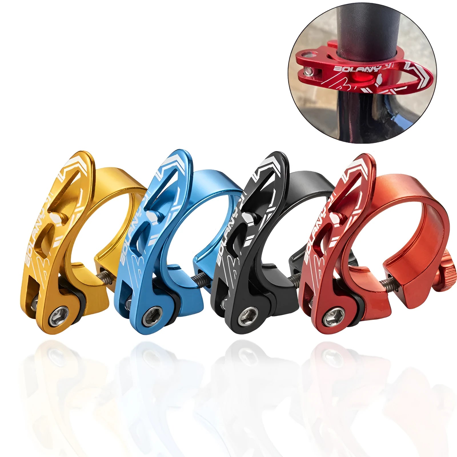 Aluminium bicycle seat post clamp in choice of black, blue, gold, or red colour
