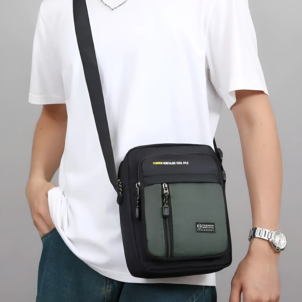 Men's casual nylon messenger bag in green colour with shoulder strap
