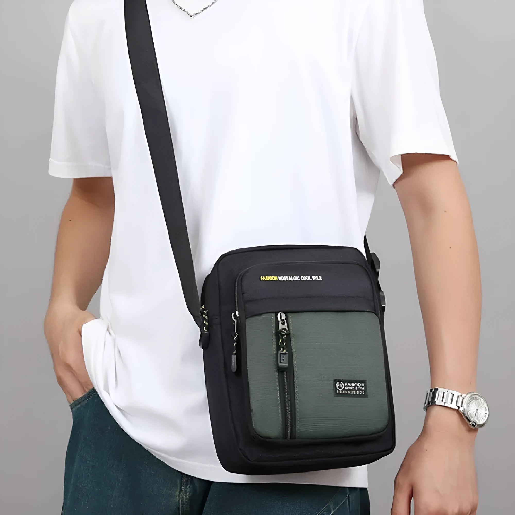 Men's casual nylon messenger bag in green colour with shoulder strap