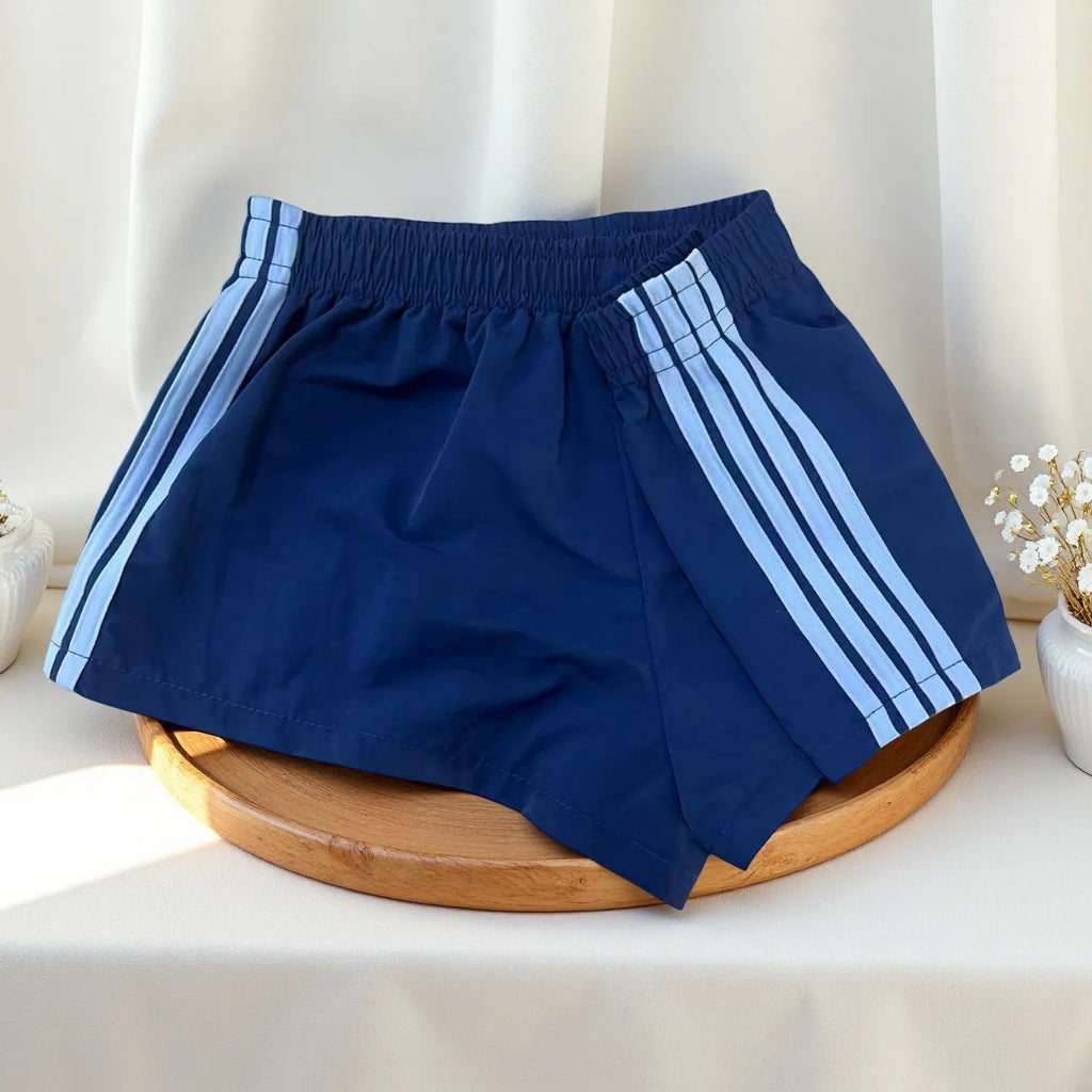 Men's navy blue high-waist casual sports shorts made from nylon, shown flat, size options XS-L
