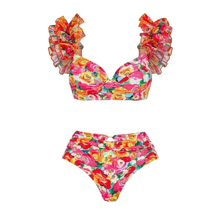 Women's push up bikini high waist split swimsuit with floral pattern in quick-dry nylon and polyester, sizes S-XL