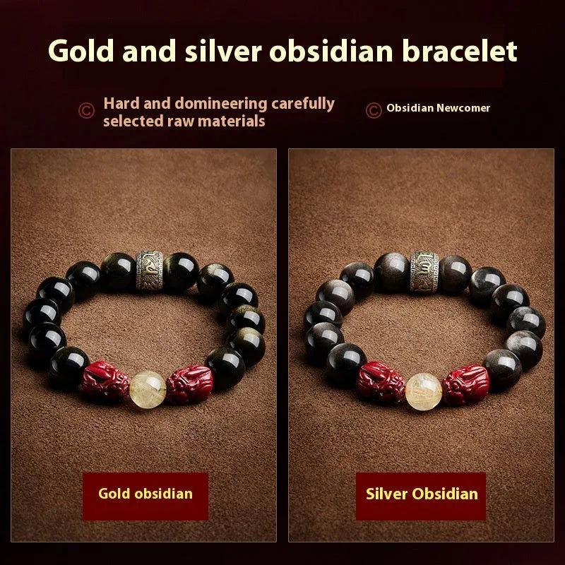 Natural retro hand-beaded cinnabar bracelet with silver stone beads featuring carved animal zodiac motifs
