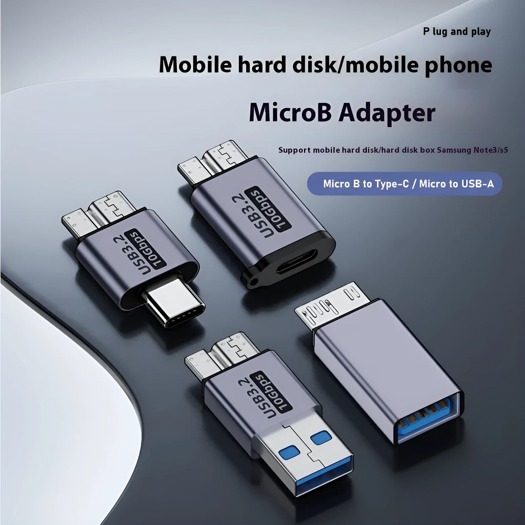 Micro B adapter converter showing Type-C and USB connectors for charging and data transfer on hard drives and phones.
