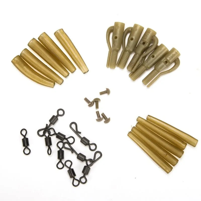 Tobly European carp fishing accessory set showing anti-winding tubes, threaded hoses, rotation fittings and screws