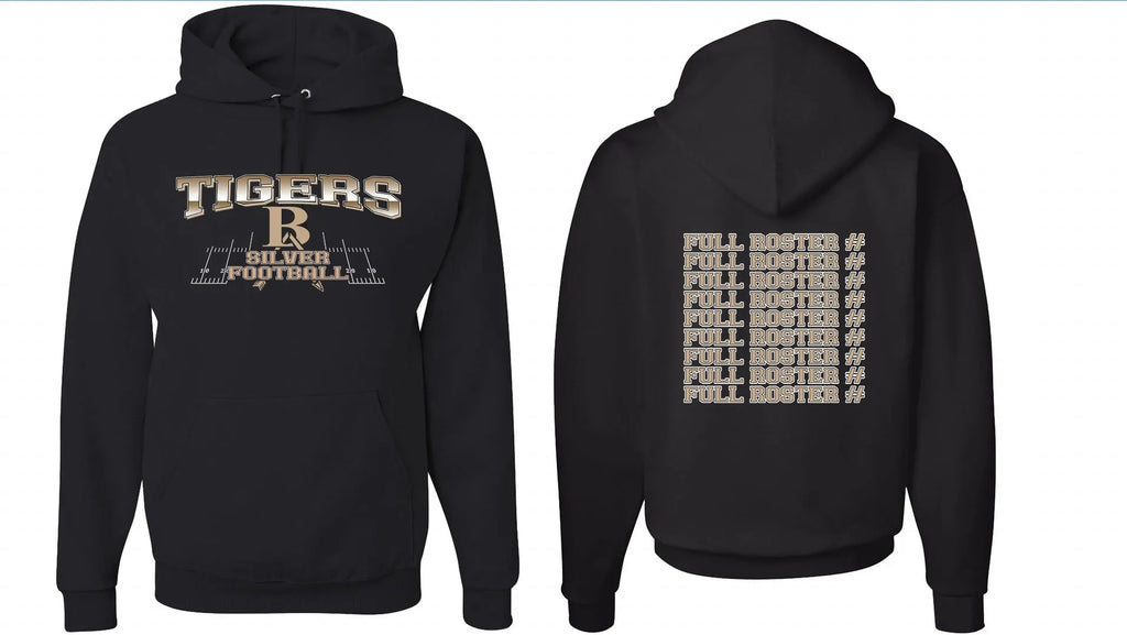 Black pullover hoodie with drop-shoulder sleeves on a neutral background