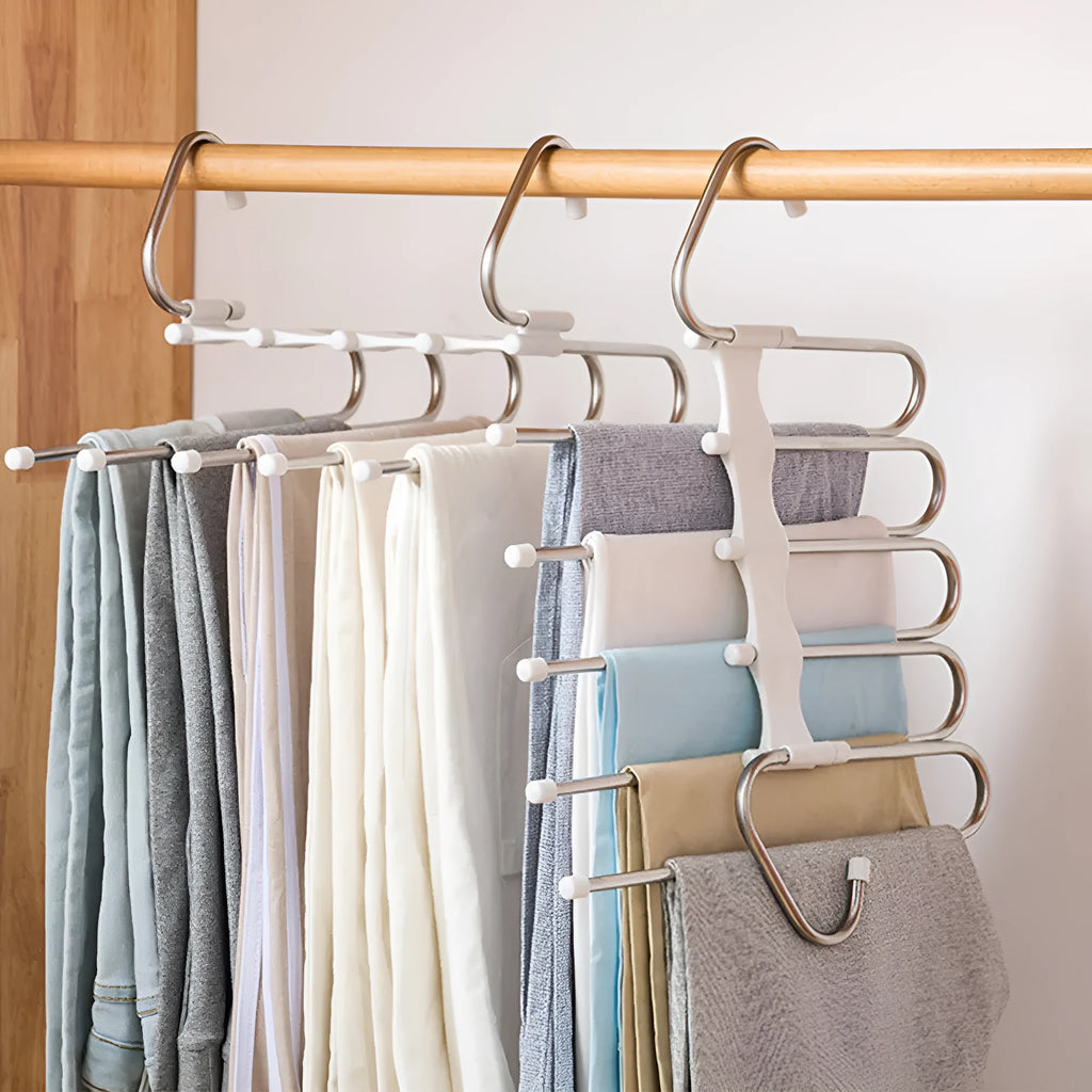 5-in-1 stainless steel trouser hanger, black, 47x18cm, with five booms and two hooks at each end