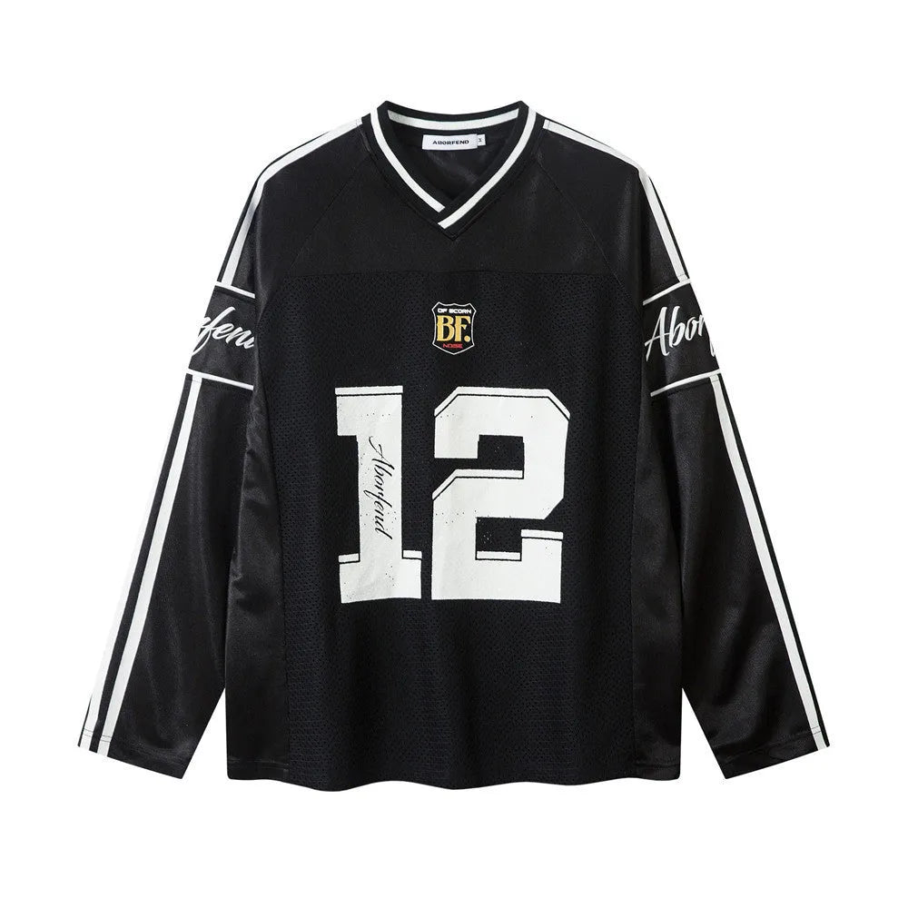 Men's black and white digital printed V-neck long sleeve loose fit T-shirt