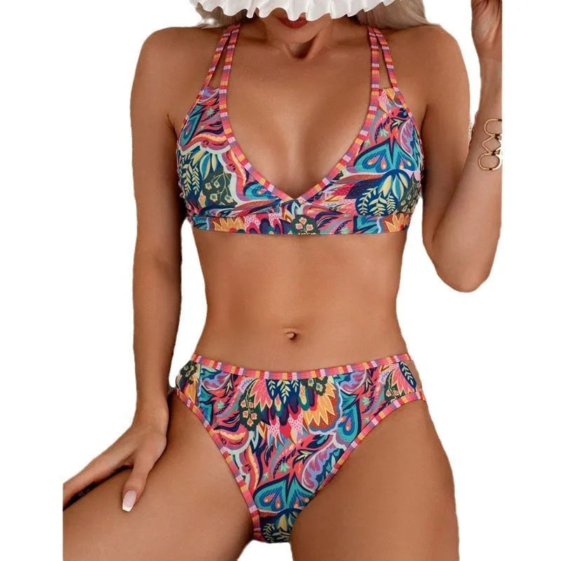 Women's Printed Halter Beach Swimsuit Split Suit Mixed Colour Polyester Two-Piece Set Sleeveless Summer Swimwear XS to XL Asian Sizing