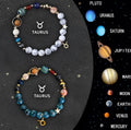 Set of two natural stone beaded bracelets with zodiac sign designs on adjustable cords