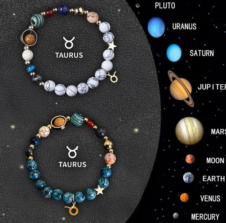 Set of two natural stone beaded bracelets with zodiac sign designs on adjustable cords
