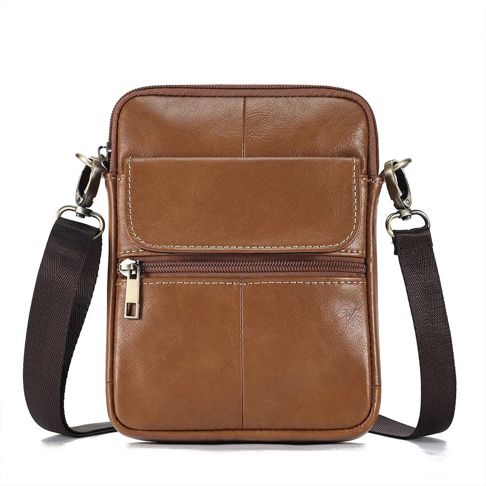 Men's brown genuine leather crossbody shoulder bag with visible stitching.