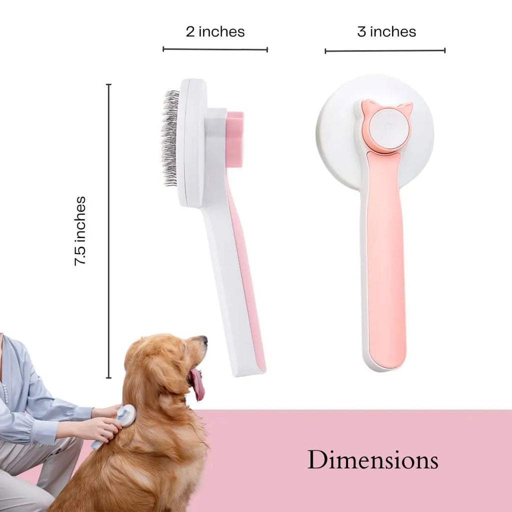 Self-cleaning slicker brush for dog and cat grooming with blue handle and stainless steel bristles.
