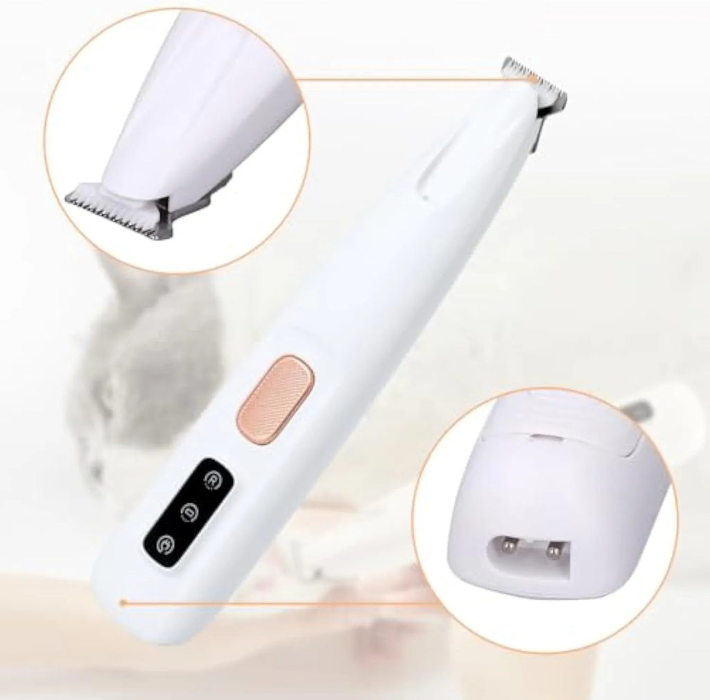 White rechargeable electric dog paw trimmer with LED light on paw, 17.7cm
