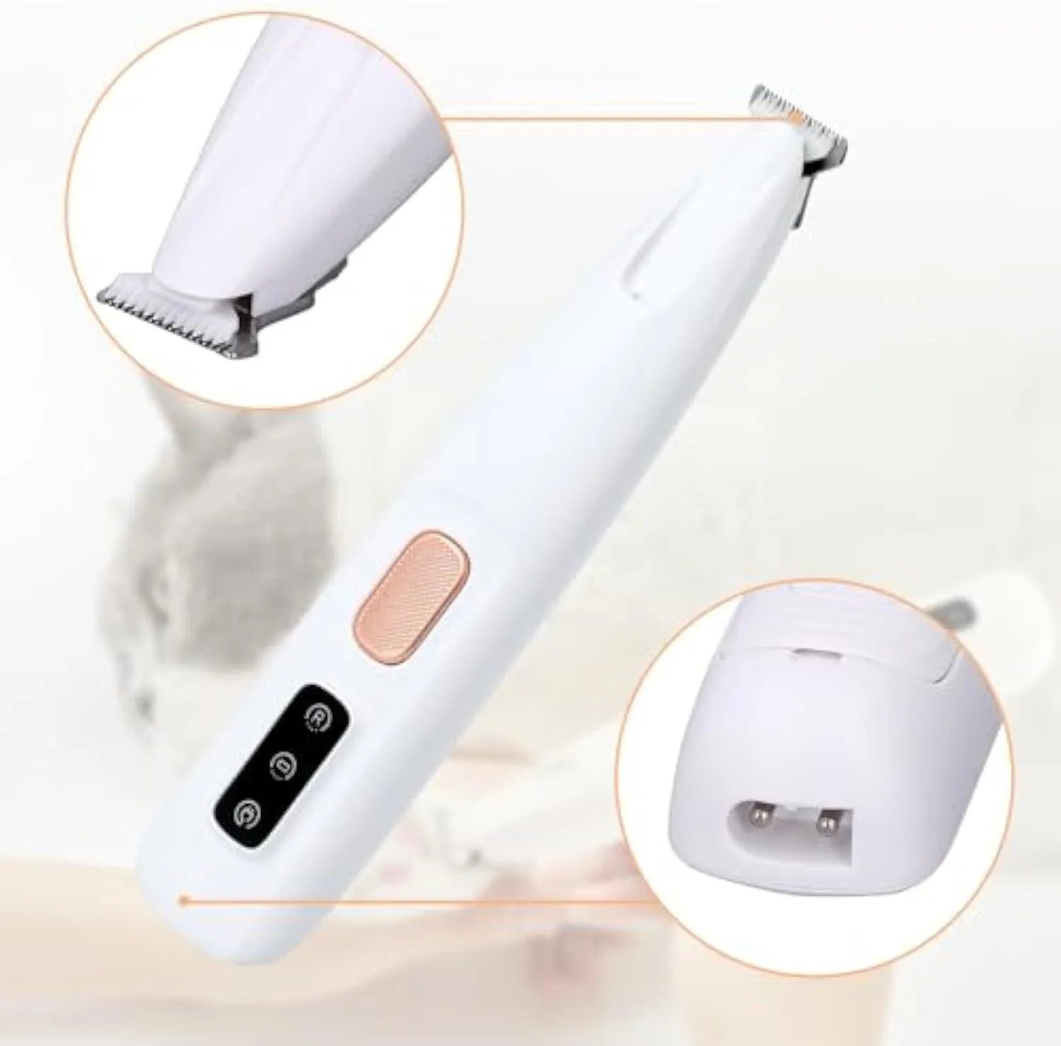 White rechargeable electric dog paw trimmer with LED light on paw, 17.7cm