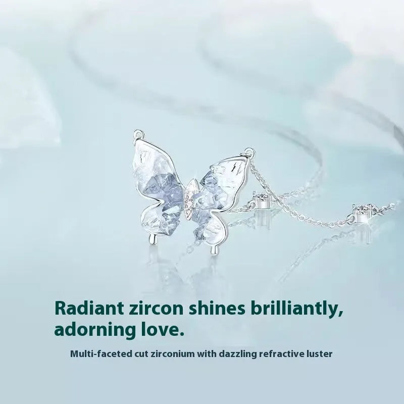 925 silver butterfly pendant necklace with ice rain detailing on 41-50cm O-ring chain