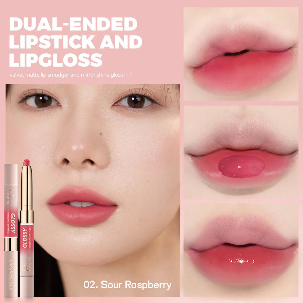 Double-headed lipstick and lip gloss set showing 10 colour options with dual-tip applicator design