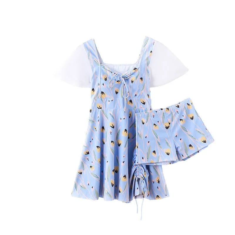 Women's one-piece swimsuit in Sea Salt Blue with flower pattern polyester fabric
