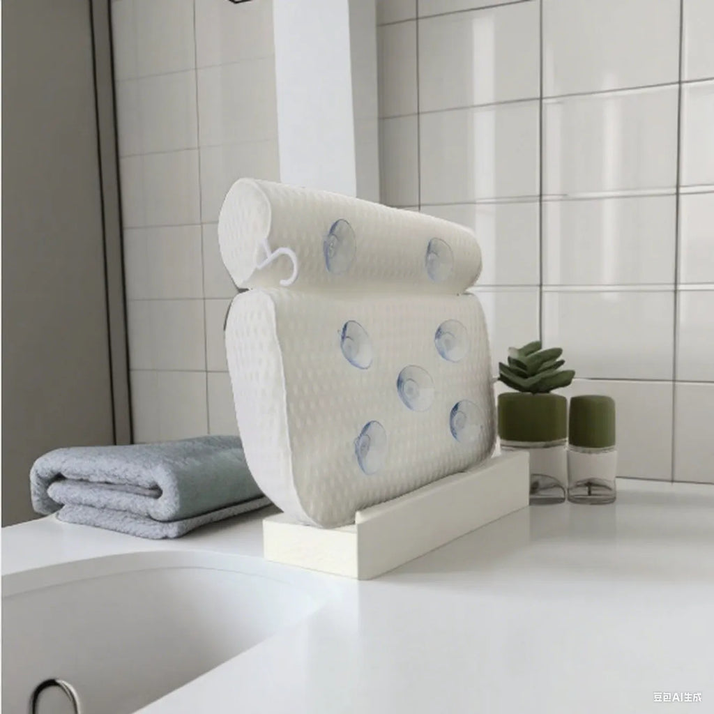 White bathtub pillow with mesh fabric and suction cups on a bathtub edge.