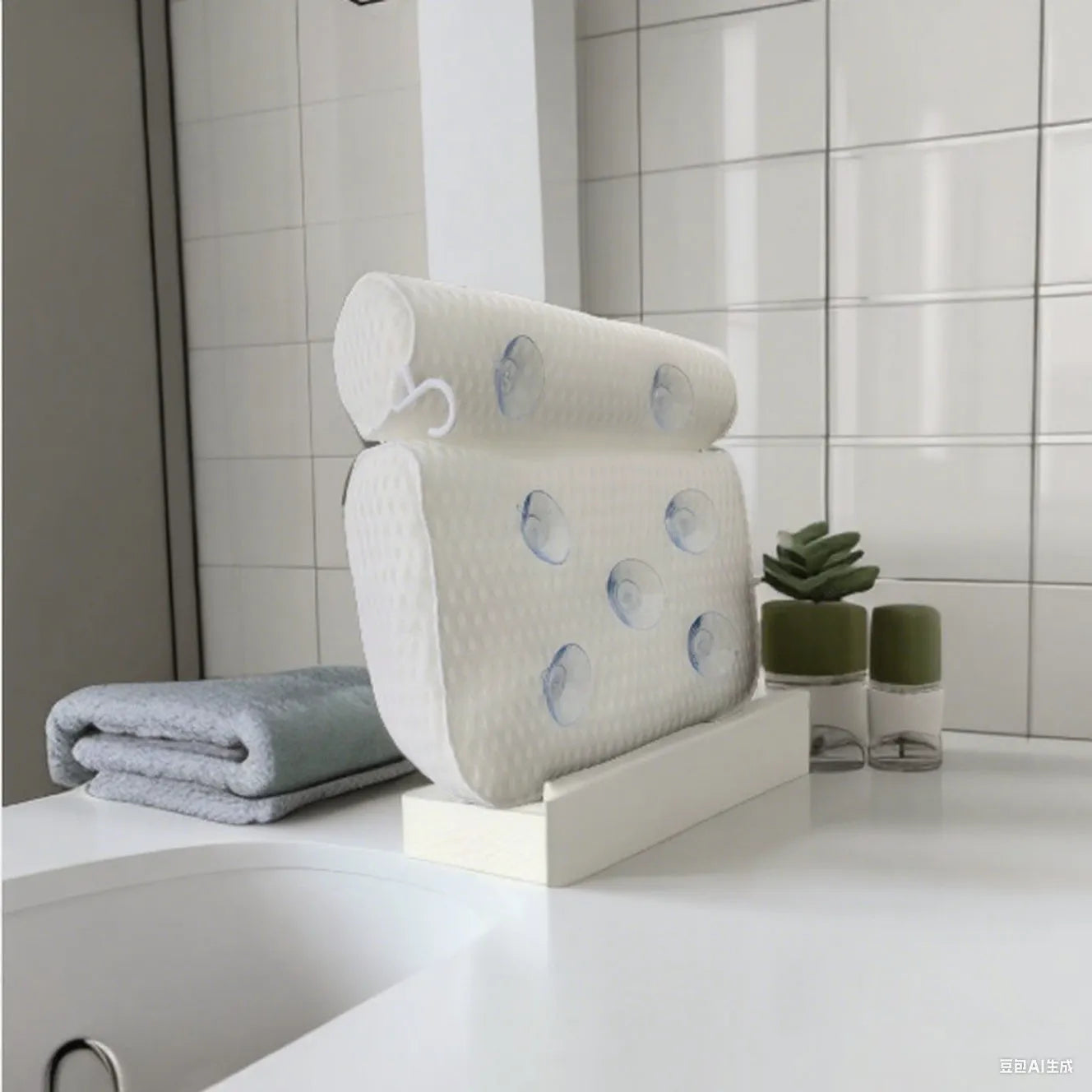 White bathtub pillow with mesh fabric and suction cups on a bathtub edge.