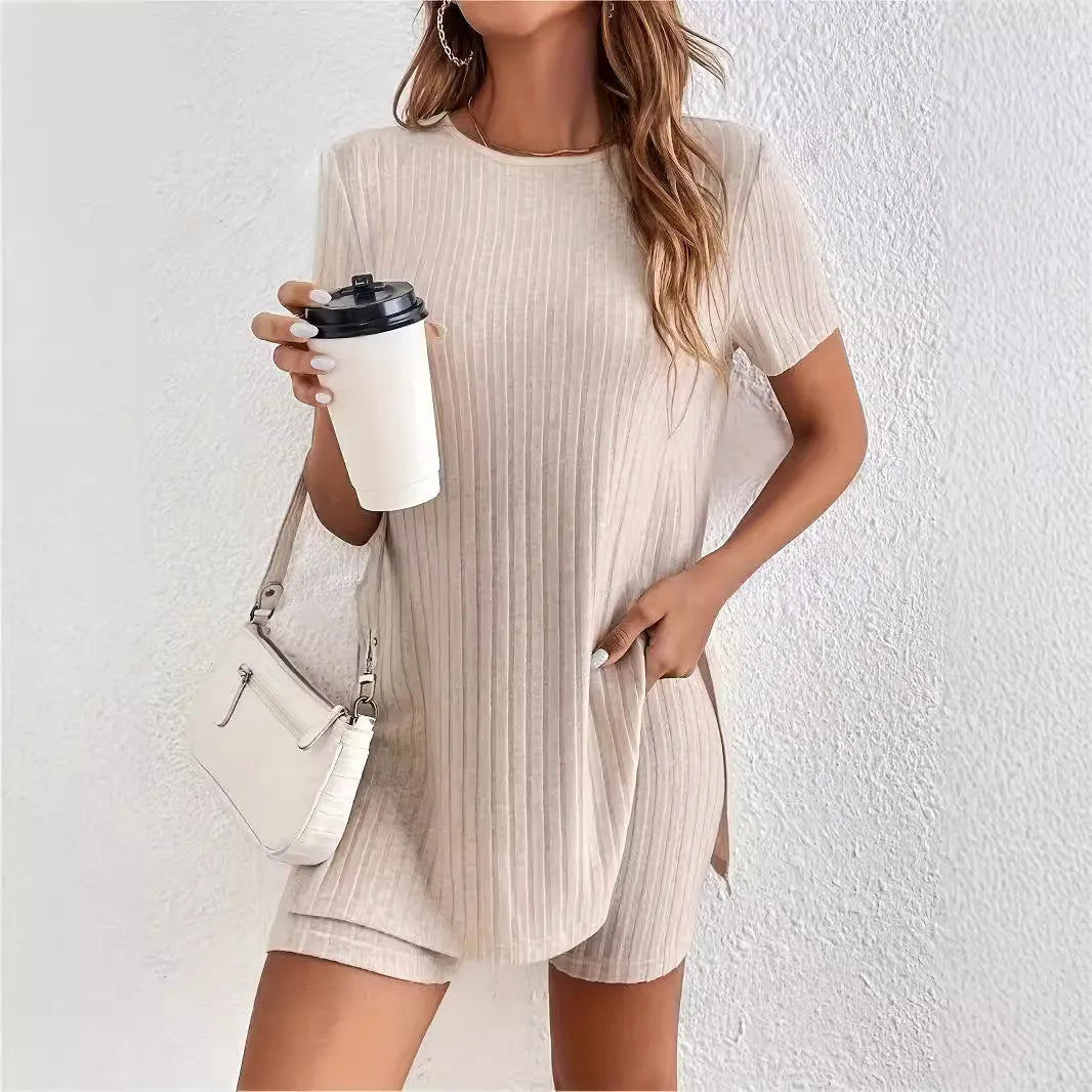 Women's casual crew neck short sleeve shorts suit in cotton blend, black color option, front view