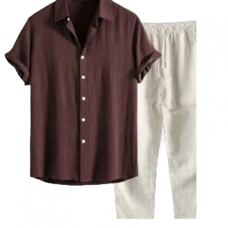 Men's casual loose-fit linen blend short sleeve shirt and trouser suit on a hanger.