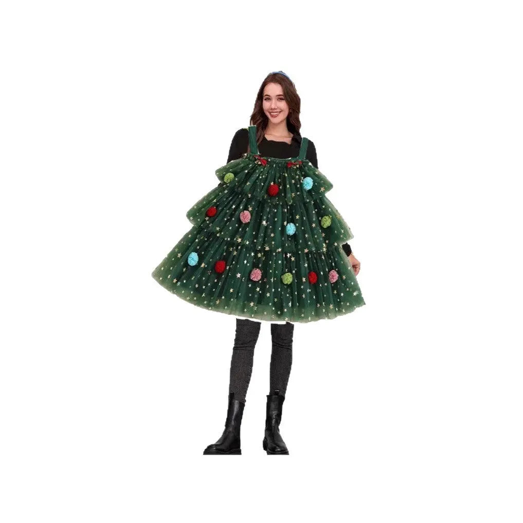 Green mesh polka dot tiered dress with suspender skirt and wide waistband