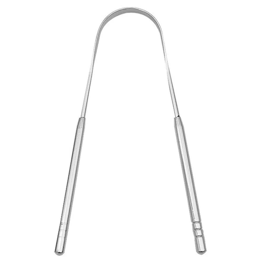 Stainless steel tongue coating cleaner set with two U-shaped scrapers in pearlescent bags