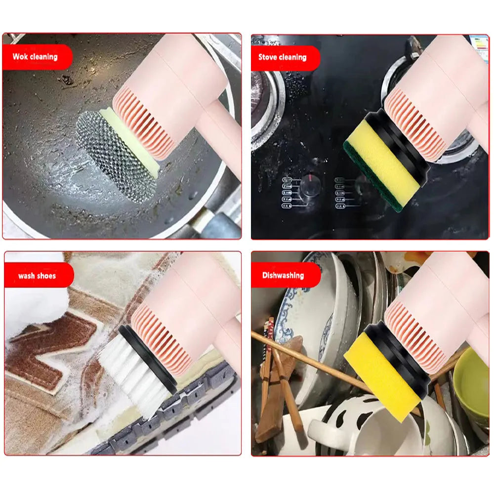 Electric cleaning brush with multifunctional scouring pad head, white plastic body, and three speed gear buttons on handle