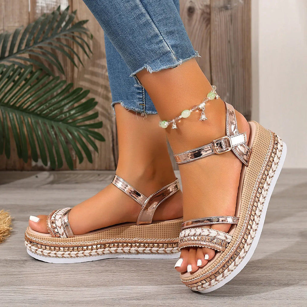 Gold woven PU wedge sandals with round toe for women, sizes 36-42