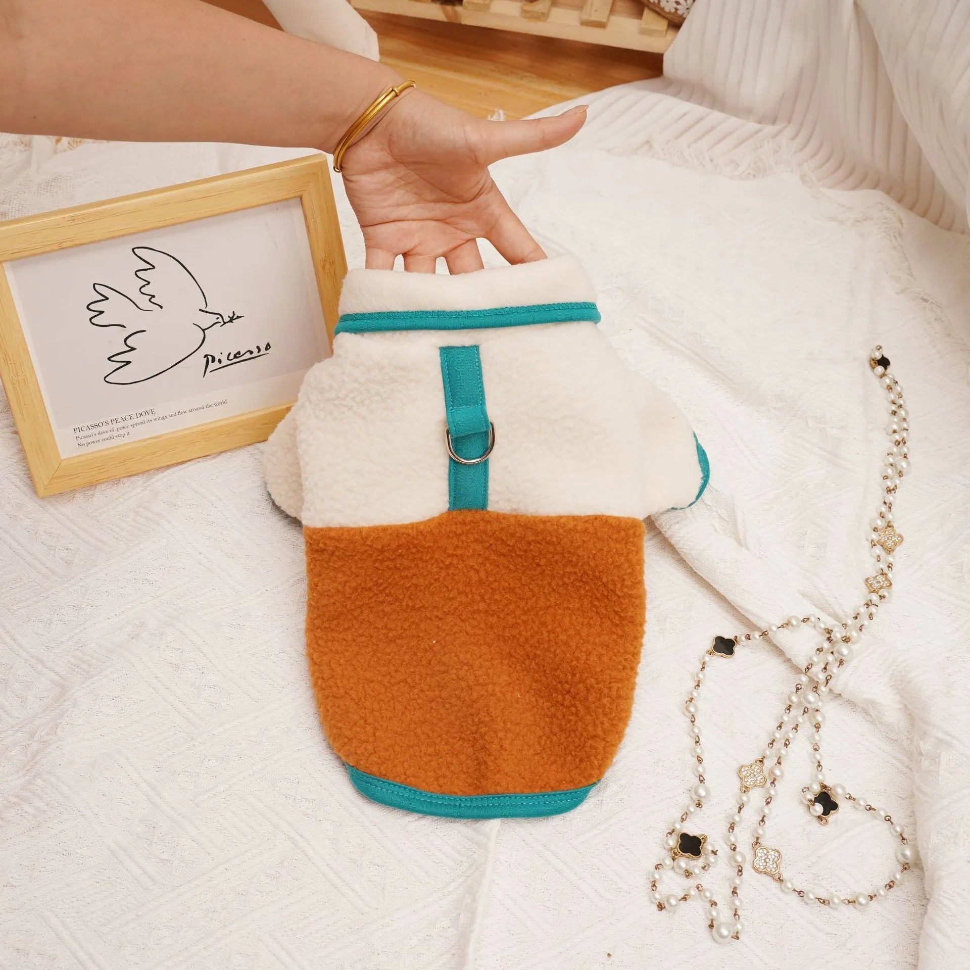 Pet autumn winter Berber fleece thickened sweatshirt in caramel colour on a small dog, side view