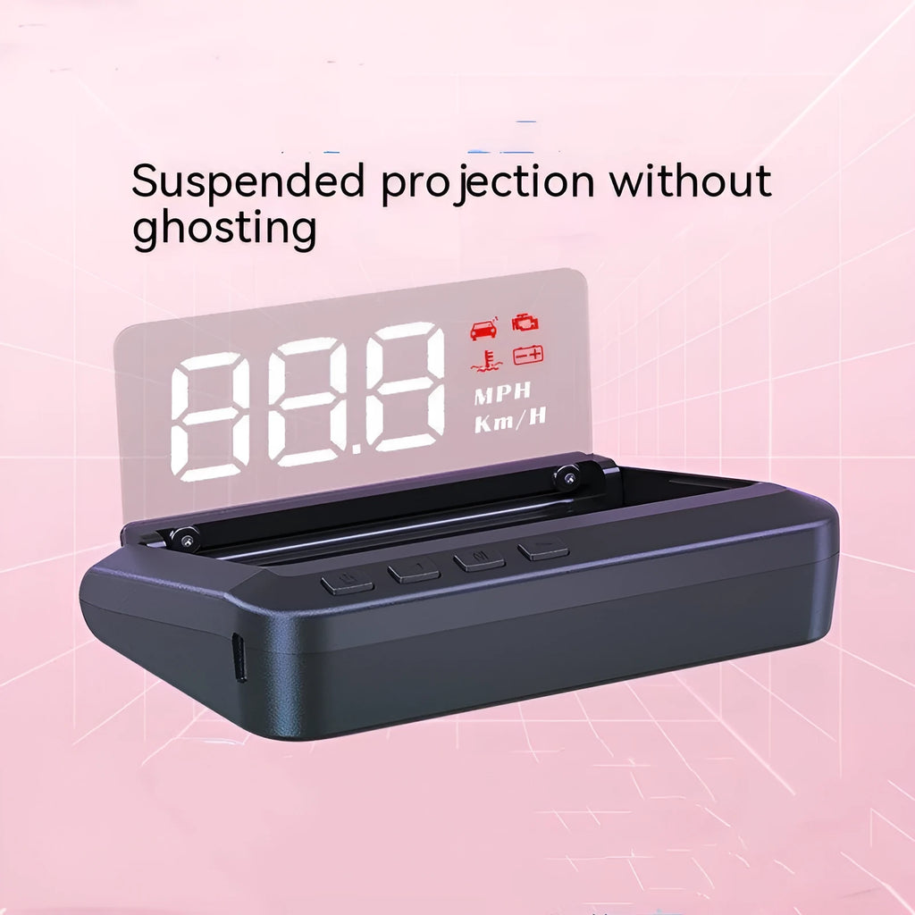 Black ABS car head up display with 2.0-inch screen and OBD interface on windscreen