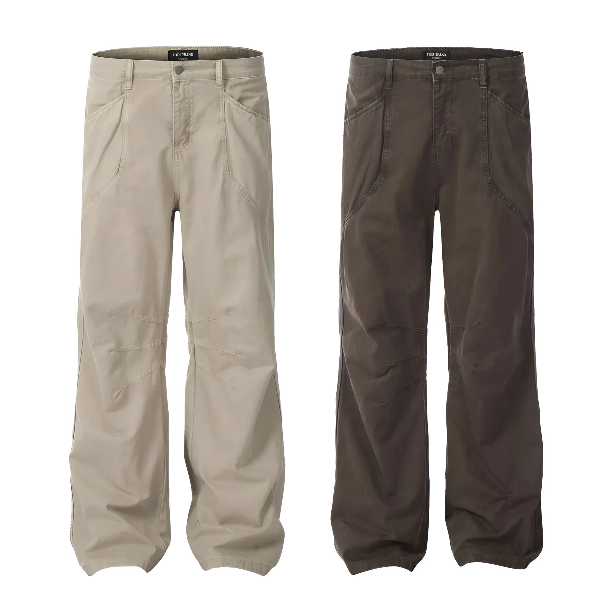 Men's brown straight-leg cotton trousers showing high-waist design with wide leg opening and zipper fly