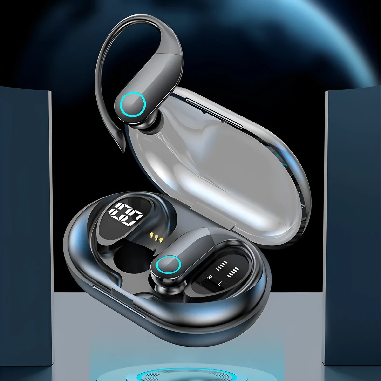 Black sports Bluetooth headset with digital display charging case and earbuds
