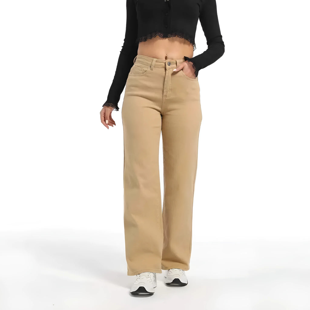 Women's high waist straight leg wide jeans in apricot colour on a hanger.