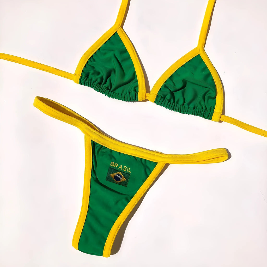 Yellow women's bikini set with T-back bra and shorts on a white background.