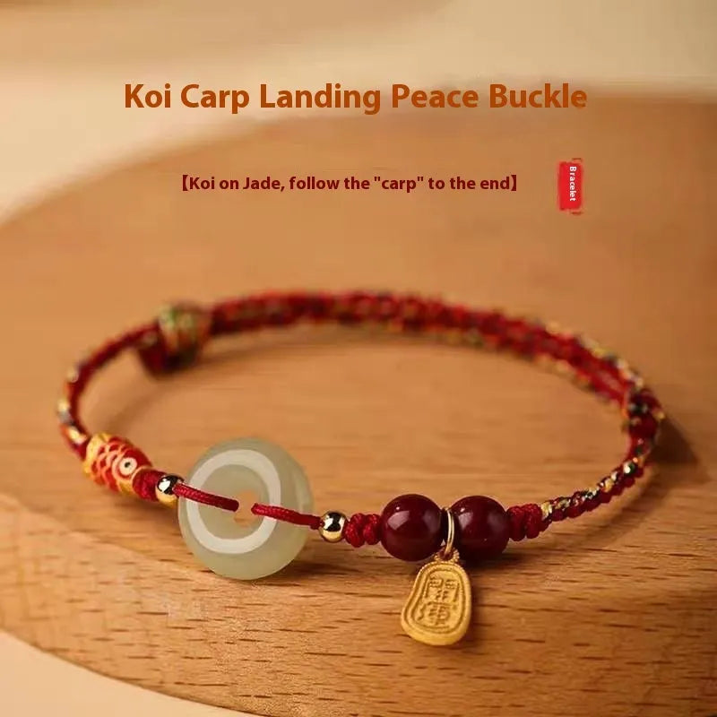 Hetian jade peace buckle bracelet 10mm round pendant with colourful braided rope