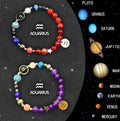 Two beaded bracelets with natural stone beads on a white background, showing zodiac symbol charms.