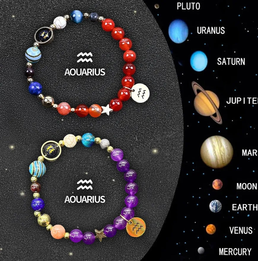 Two beaded bracelets with natural stone beads on a white background, showing zodiac symbol charms.