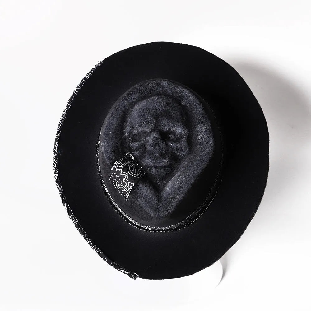 Wool felt conical crown skull hat with handmade Halloween design