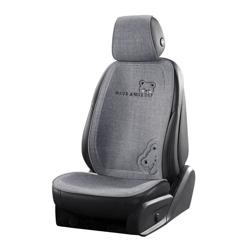 Cure Bear linen car cushion set with headrest and lumbar support pillow in Pearl White