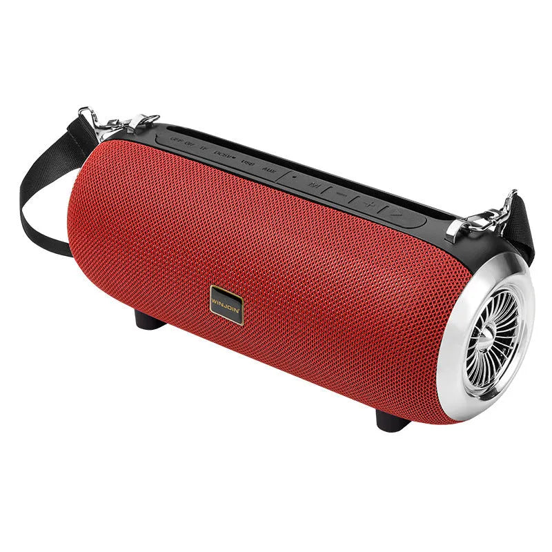 Square fabric Bluetooth speaker with shoulder strap showing mobile phone stand function and retractable FM antenna