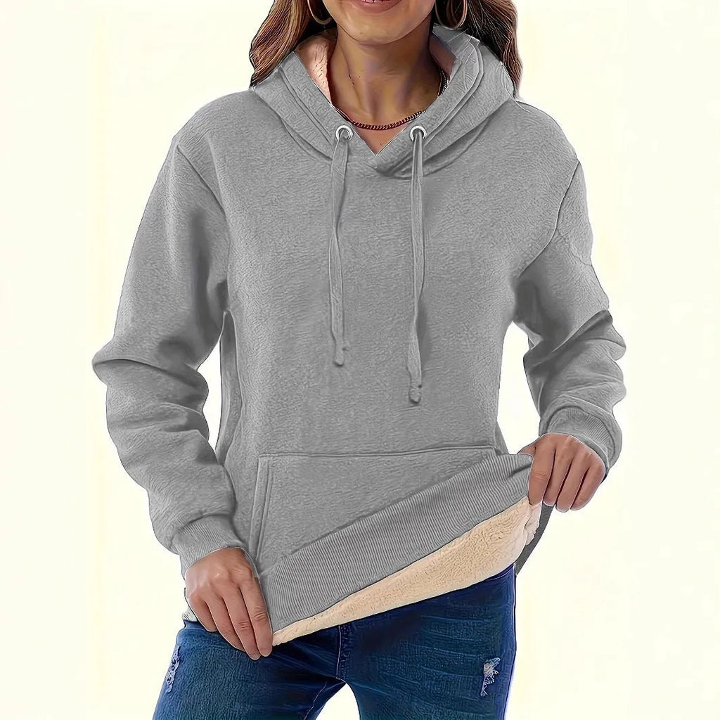 Women's loose fit grey hooded sweater with 3D raised pattern and front pocket