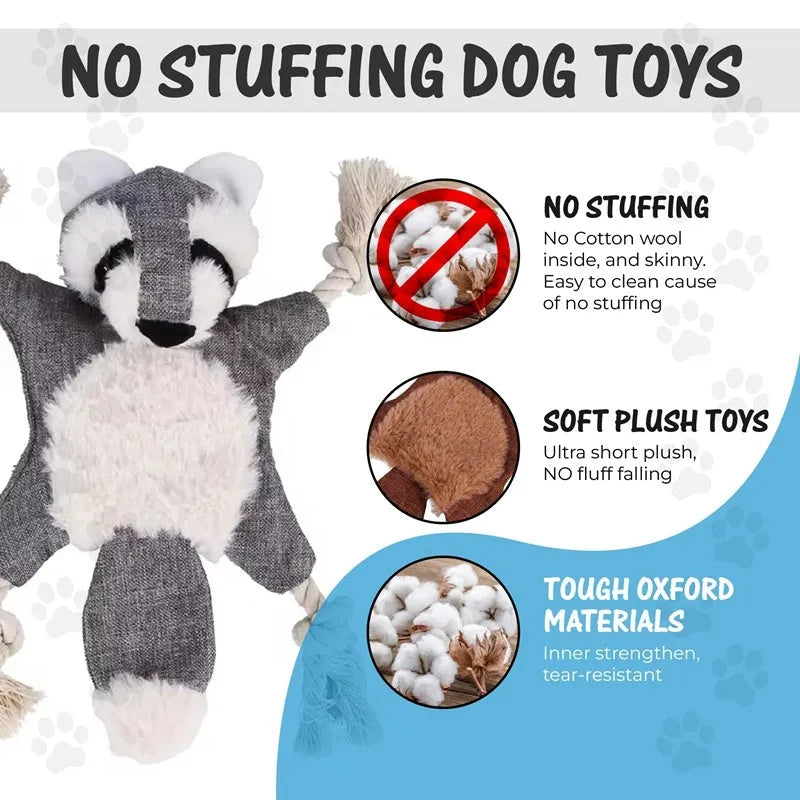 Set of six plush squeaky dog toys shaped like fox, squirrel, monkey, koala, rabbit, and tiger with rope