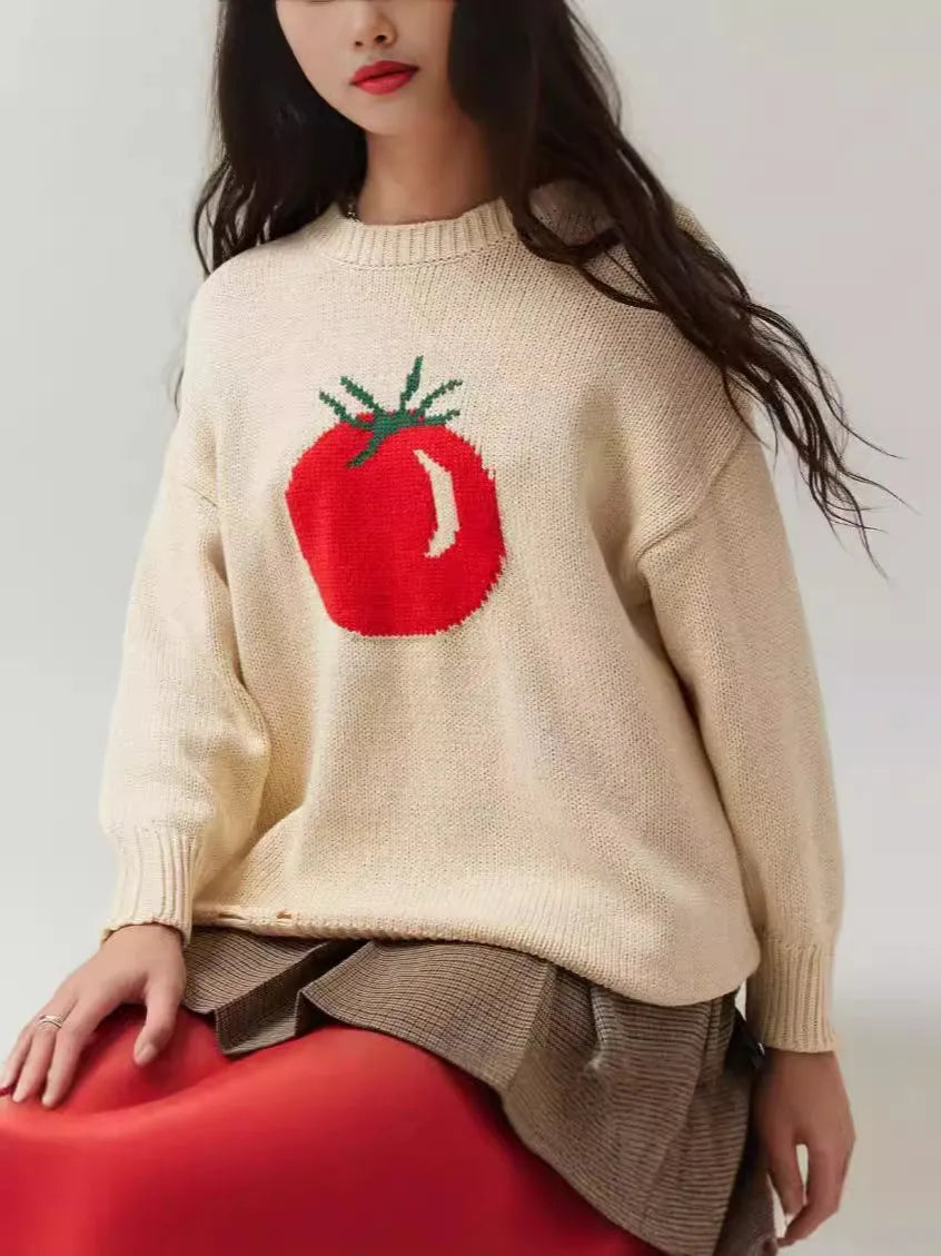 Women's loose-fitting milky white acrylic Jacquard knit sweater with round neck and long sleeves.