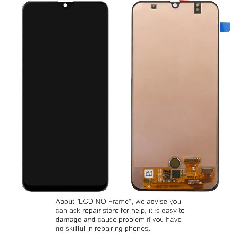 Black replacement LCD screen for Samsung Galaxy A50 and A50S in OLED or in-cell construction.
